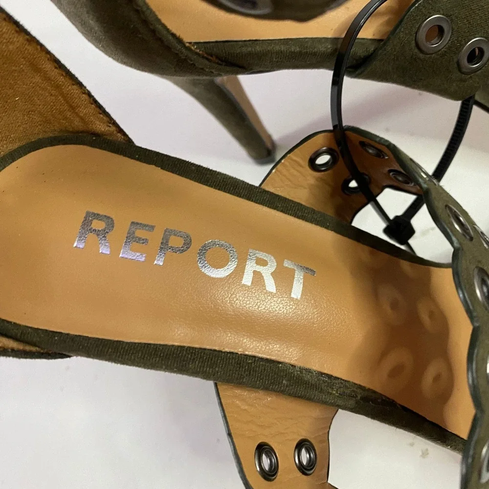 Report Apollo Sandals Womens 6 Olive‎ Green Grommet Scalloped Heel